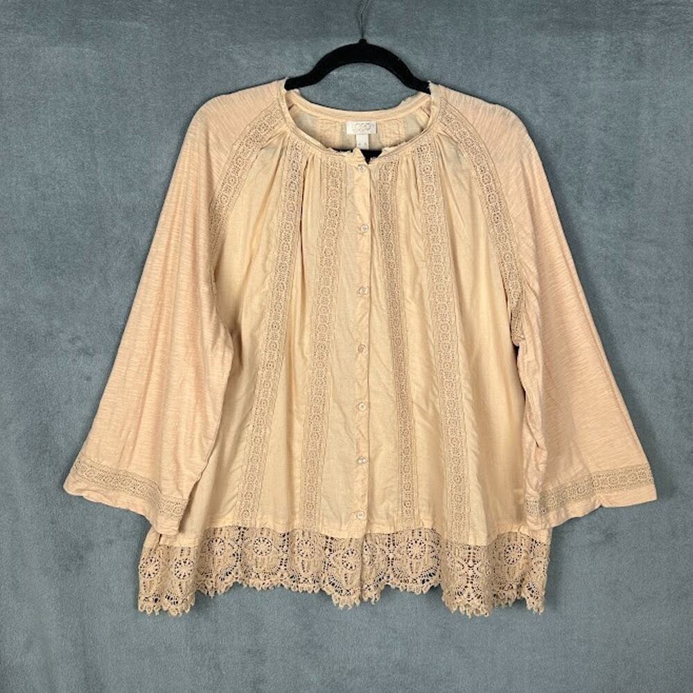 LOGO Lori Goldstein Top Womens Extra Large Pink Button Crochet Lace Resort Boho
